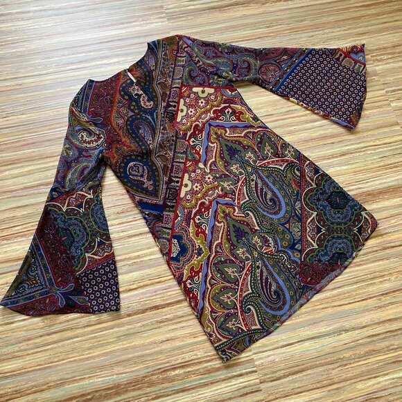 Highline Mini Shift Dress Multicolor Boho Paisley Chiffon Sheer Bell Sleeves - Picture 6 of 7